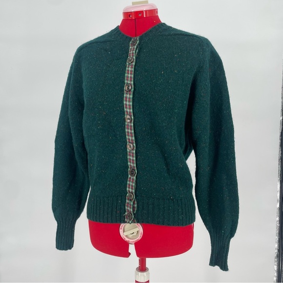 Vintage Orvis Wool Cardigan Forest Green With Contrasting Plaid Trim - Picture 1 of 9